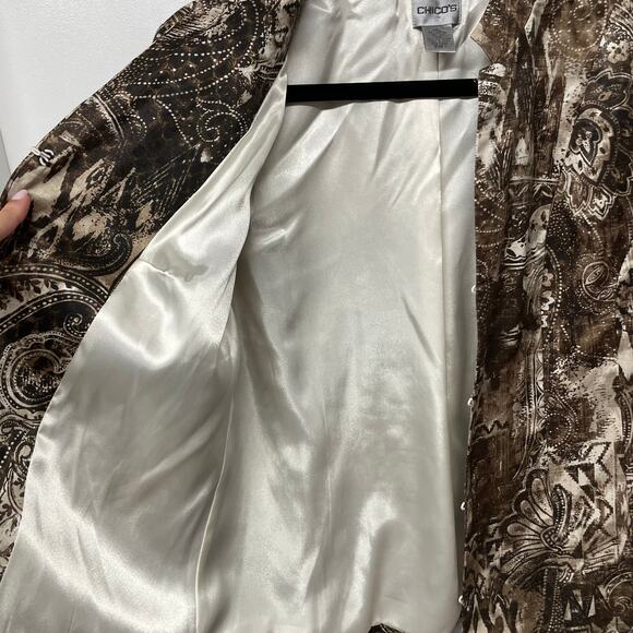 Chicos Womens Brown Cream Lightweight Silk Blend Satin Jacket Size Medium/1/8 - Picture 3 of 10